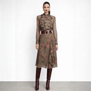Vintage Lauren Ralph Lauren Ruffle Blouse & Midi Skirt Set Brown Purple Floral